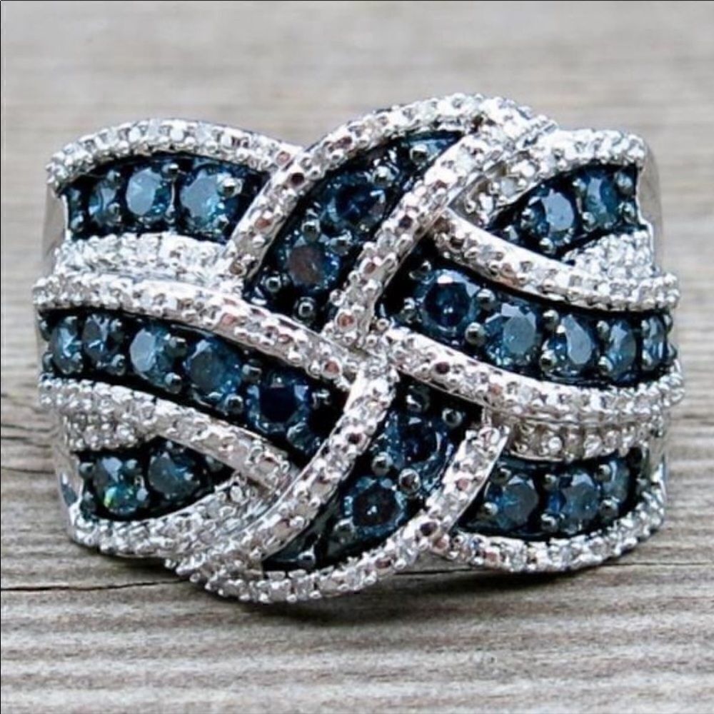 New Silver Blue Sapphire Braided Wide Band Ring